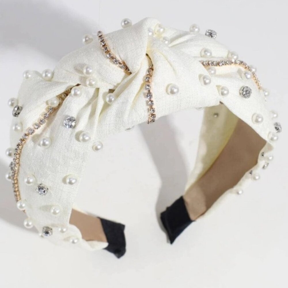 💝 White Rhinestone & Faux Pearl Decor Headband 💝
